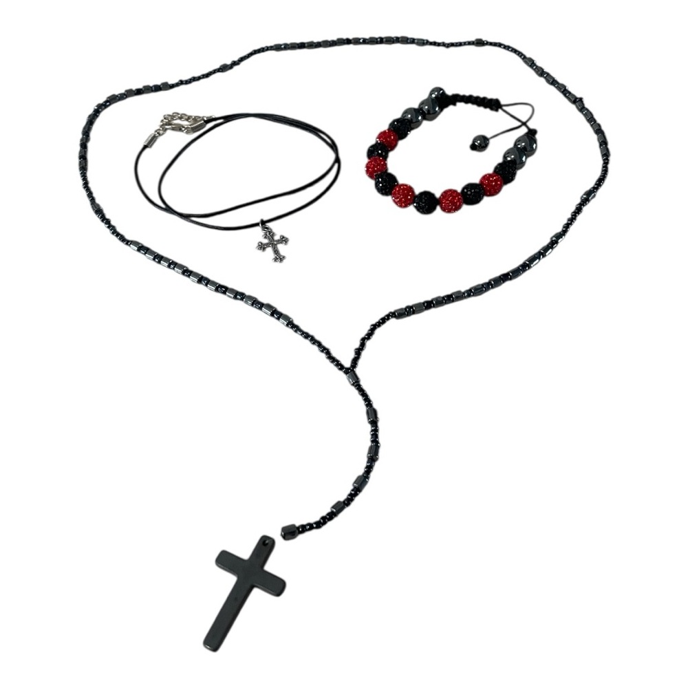 SOLD ON VINTBlack & Solver Cross Necklace and Bracelet Set